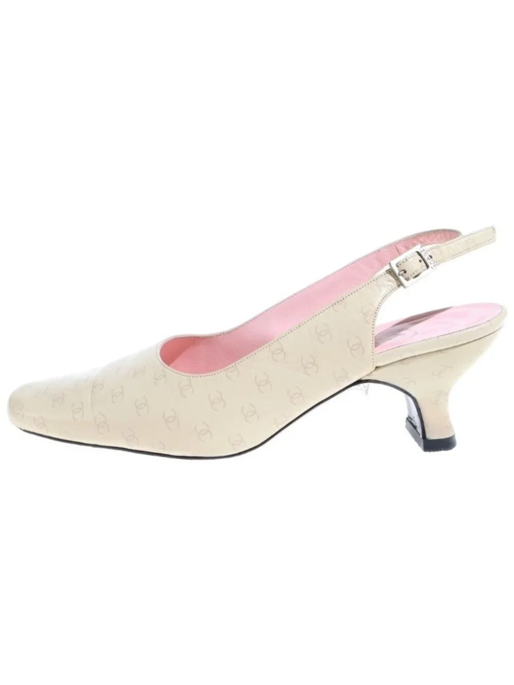 Chanel CC Logo All Over Print Leather Pumps Mules Low Heels Beige